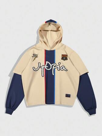 Prep Sudadera con capucha de manga larga con bloqueo de color e impresión de letras 2 en 1