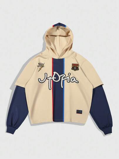 Prep هودي بطباعة حرفية وألوان متباينة بأكمام طويلة