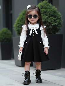 女婴学院风可爱二合一黑白拼接长袖连衣裙 - 白色 - 查看 1