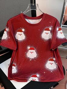 SHEIN 女士水钻圣诞老人圆领短袖 T 恤，圣诞礼物 - 彩色 - 查看 5