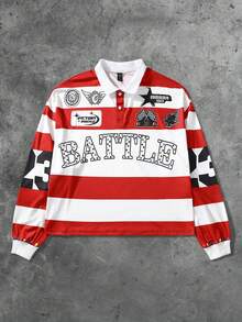 ROMWE MEN Men Half-Zip Casual Preppy Long Sleeve Versatile Digital Striped Sports T-Shirt, Fall