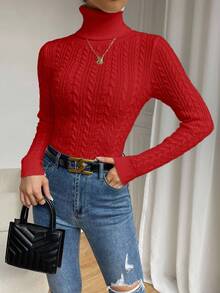 SHEIN LUNE 秋冬休闲纯色高领毛衣 - 紅色 - 查看 3