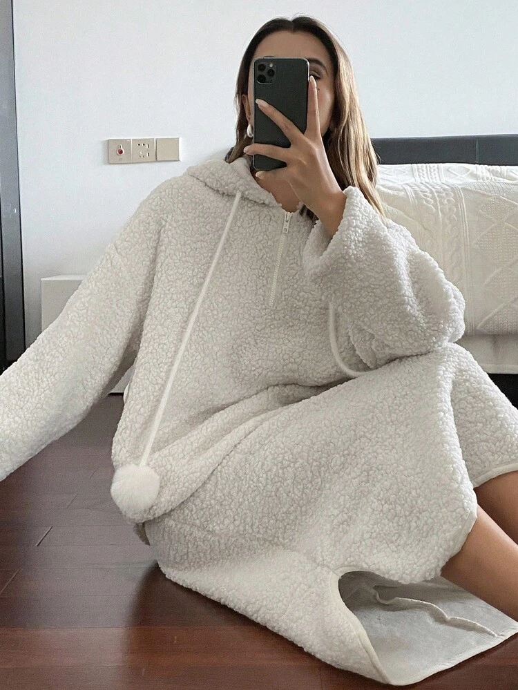 2pcs/Set Women Solid Color Loose Teddy Fleece Hoodie And Straight Skirt Casual Outfit, Thickened For Autumn/Winter