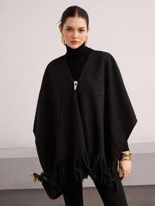 Heiryn Women's Elegant Minimalist Fringe Hem Lapel Poncho Coat, Autumn/Winter - Dark Grey - View 6