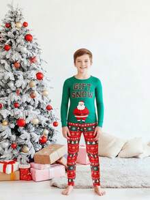 SHEIN Tween Boy Christmas Element Pattern Snug Fit Comfortable Long Sleeve Crew Neck Pajama Set, Suitable For Autumn/Winter - Green - View 4