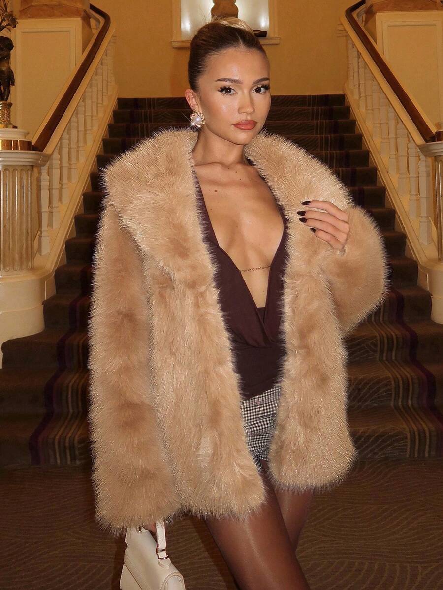 Glamine 女士时尚仿毛领夹克，秋冬 - 駝色 - 查看 1