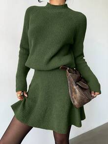 Elenzga Women Loose Casual Round Neck Textured Top And Pleated Skirt 2 Pieces Set - Army Green - View 4