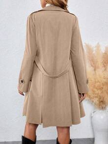 SHEIN PETITE Elegant Commuter Fashion Versatile Autumn/Winter Women's Turndown Collar Double-Breasted Slant Pocket Long Sleeve Waist Cinched A-Line Slim Fit Trench Coat - Khaki - View 2