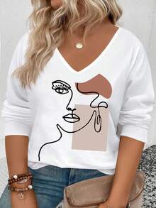 EMERY ROSE Women's Geometric Portrait Print V-Neck Long Sleeve Casual Versatile Plus Size T-Shirt, Autumn/Winter Best Seller - White - View 1