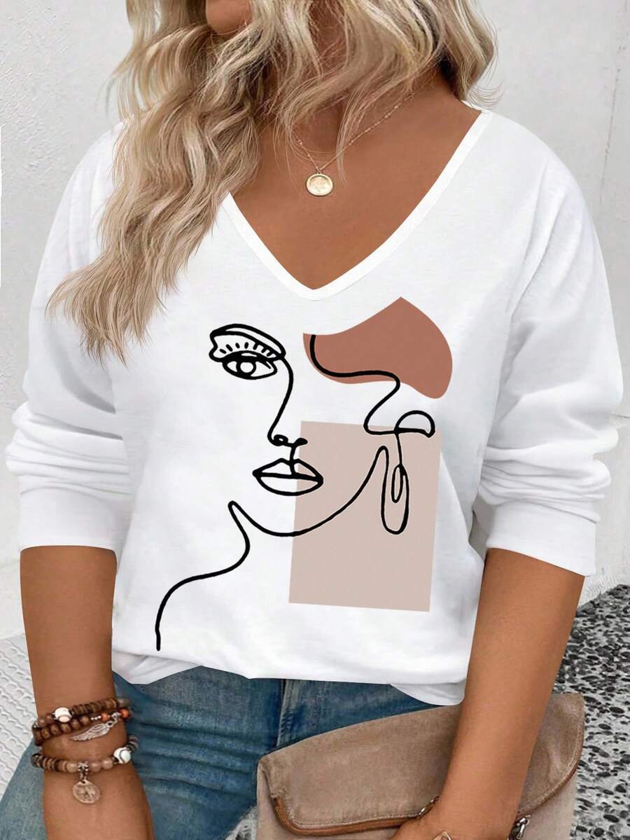EMERY ROSE Women's Geometric Portrait Print V-Neck Long Sleeve Casual Versatile Plus Size T-Shirt, Autumn/Winter Best Seller - White - View 1