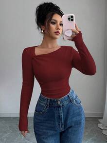 Selianne 秋冬新款纯色拉绒罗纹斜领褶皱长袖T恤修身休闲上衣 - 酒紅色 - 查看 3
