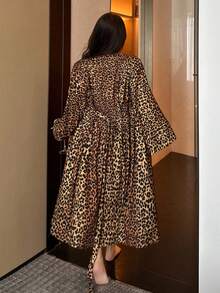 Dazy Plus 两件套加大码女式豹纹性感吊带连衣裙和长袍睡衣套装，春秋季、秋冬季服装 - 棕色 - 查看 2