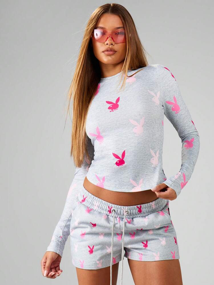 Missguided x Playboy Bunny Print Long Sleeve Fitted Top Crew Neck Casual Winter Fall Women Fashion Shirt