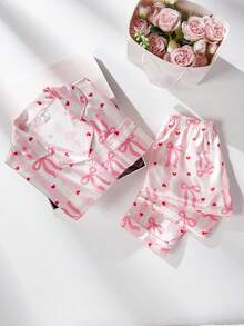 2件套女童可爱蝴蝶结印花翻领开衫和休闲裤舒适睡衣套装 - 彩色 - 查看 3