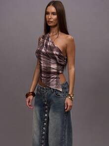 MUSERA 格纹印花垂褶不对称领口褶皱不对称下摆上衣，适合秋冬、夜间外出、街头风、可爱性感优雅的假日派对以及春夏穿着。 - 彩色 - 查看 3