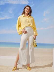 Solavon Solid Drop Shoulder Shirt,Long Sleeve Tops - Yellow - View 6