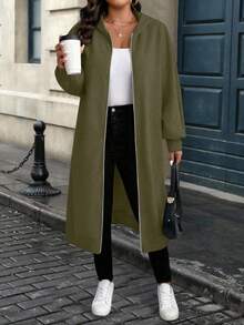 EMERY ROSE 大码休闲街头宽松拉链连帽长袖夹克，适合日常穿着 - 軍綠色 - 查看 5