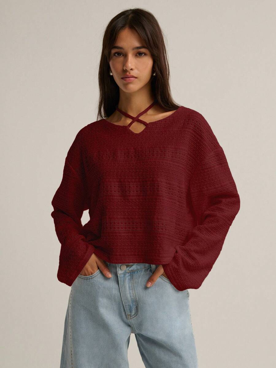 Nöista Long-Sleeve Textured Knit Top With A Square Silhouette And A Unique Halter-Style Strap Detail, Offering An Effortless Chic Look Perfect For Women's Winter; Easy To Wear For Everyday Styling, Casual Seasonal Looks, Festive Christmas Dressing And Modern New Year Ensembles. - Burgundy - View 1