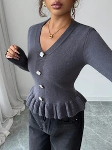 SHEIN Elenzya Slim Fit Ruffle Trim Button Closure Long Sleeve Solid Color Versatile Women Sweater - Grey - View 5