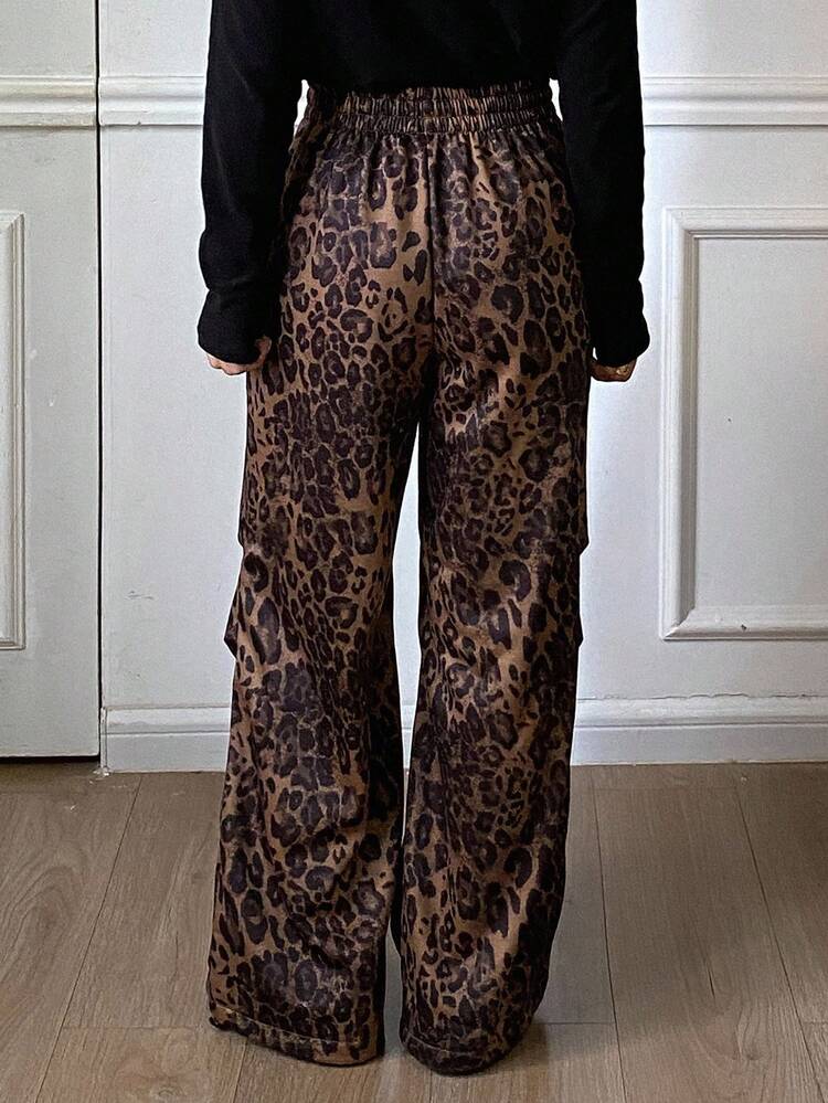 Leopard Print Loose Thermal Lined Thick Elastic Waist Casual Street Style Sweatpants For Women, Autumn/Winter Women Joggers Y2k