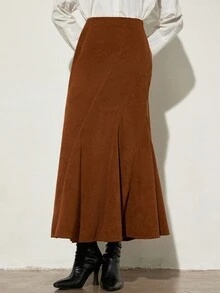 Aveloria Modichic 优雅精致的女装，柔和色调的复古风格，秋冬灯芯绒中长A字裙，精致的垂直拼接设计，修身高腰喇叭裙，配有隐藏式侧拉链，及踝长度，适合休闲、工作、购物和约会等多种场合 - 棕色 - 查看 1