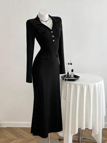 Elamini Black Vertical Striped V-Neck Bodycon Casual Dress For Women - Black - View 5