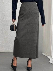 DAZY Asymmetric High Slit Elegant Business Casual Loose Straight Knit Sweater Skirt Set For Women, Autumn/Winter - Dark Grey - View 9