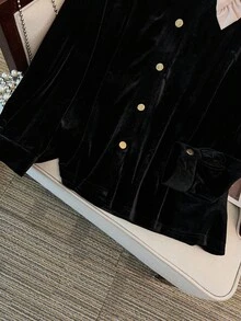 GlowEve CURVE 大码女式天鹅绒拼布荷叶边长袖衬衫，宽松时尚，秋冬 - 黑色 - 查看 6