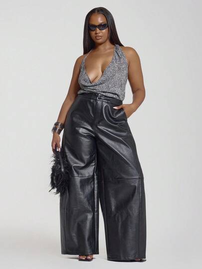 MUSERA Pantalones de piel sintética con pierna globo ancha, ideal para otoño e invierno, para chica cool, salir, sexy, feraux