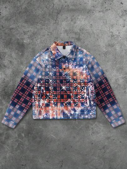 Street Life Men's Gradient Rhinestone Effect Plaid Street Style Jacket, Autumn/Winter