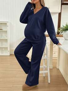 SHEIN 2件套孕妇休闲纯色运动衫和运动裤套装，秋冬 - 藏蓝色 - 查看 5