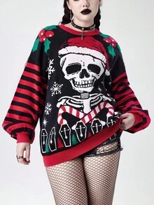 ROMWE Goth Dark Christmas Tree, Skull, Snowflake, Candy Cane Pattern Women Sweater - Multicolor - View 2