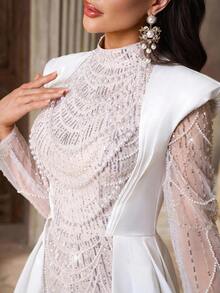 Aureia 优雅奢华的白色和米色亮片刺绣立领宽肩长袖透明长裙，适合婚礼、新娘礼服、正式场合 - 白色 - 查看 2