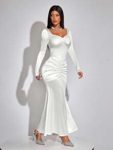 INAWLY Women's Elegant Sexy Satin Backless Bow Decor Long Sleeve Maxi Dress, Suitable For Party, Spring/Autumn - White - View 4
