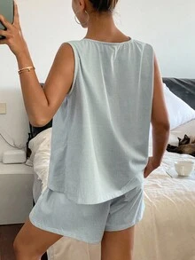 Livesso 女士简约条纹无袖上衣和宽松短裤睡衣套装、家居服、服装 - 藍白色 - 查看 2