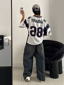 StreetHx Women's Loose Y2K Streetwear Colorblock Numeric Print Mesh Jersey Short Sleeve Top, Spring/Summer