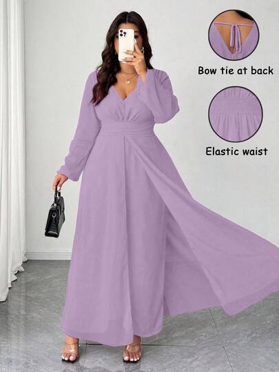 SHEIN Elenzya Plus Size Elegant V-Neck Ruffle Waist Pearl Chiffon Wide Leg Jumpsuit, Suitable For Wedding Guests, Elegant Burgundy Ladies Jumpsuit, Long Sleeve Cinched Waist Vintage Romantic Jumpsuit