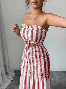 Elenzga 2025 年夏季新款裹胸优雅蓝白条纹性感时尚女士百搭优雅系腰露肩细肩带可变换连衣裙，适合约会、郊游、度假、节日、独立日、返校、教师装、婚礼、派对、音乐节、啤酒节、万圣节、感恩节 - 紅色 - 查看 5