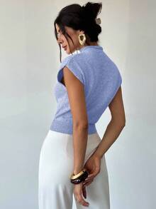 Firerie 优雅高领宽松休闲百搭无袖针织毛衣背心外出上衣女秋冬上学上衣 - 淺藍色 - 查看 2