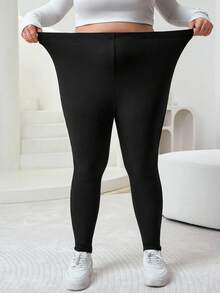 SHEIN CURVE+ 大码女款远红外发热面料休闲日常豹纹弹力紧身裤秋冬 - 黑色 - 查看 4