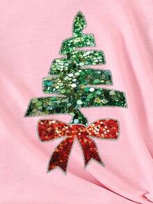 Merry Christmas! Baby Girl Christmas - Fashionable, Creative, Cute Sparkling Christmas Tree & Bow Print Short Sleeve T-Shirt, Suitable For Christmas Party - Pink - View 4