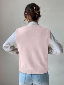 SHEIN LUNE 女式秋季简约纯色麻花针织V领毛衣背心 - 淺粉色 - 查看 2