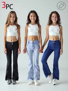 Genkimix Kids 3 件套年轻女孩牛仔喇叭裤套装，包括牛仔裤 + 纯色牛仔裤，修身弹力，休闲度假和街头时尚风格，适合春夏季 - 彩色 - 查看 7
