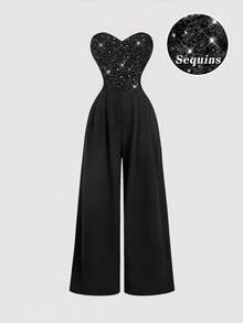 SHEIN MOD بدلة قصيرة للنساء ذوات الحجم الكبير مزينة بالترتر الأسود - الأسود - مشاهدة 1