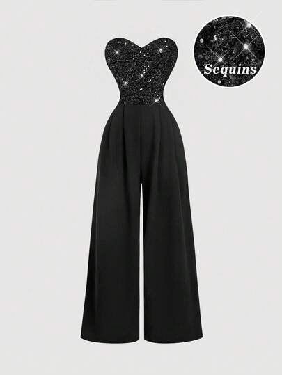 SHEIN MOD Plus Size Women's Black Sequin Patchwork Bandeau Jumpsuit,Prom Outfit, Party Outfit , Fall Outfits For Women,Women's Corset Jumpsuit,Thanksgiving Outfit , Winter Outfit ,Mermaid Outfit