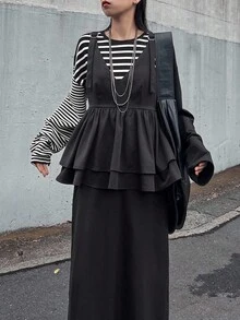FRIFUL Vestido midi sin mangas con volantes en el bajo de unicolor para mujer - Negro - Ver 6