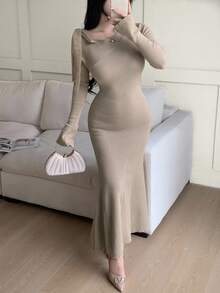 Feyla Women's Asymmetrical Shoulder Bowknot Waist Fishtail Hem Slimming Elegant Sweater Dress - Khaki - View 3