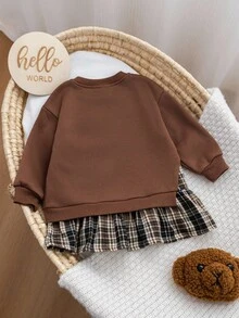 SHEIN Baby Girl Cute Color Block Long Sleeve Dress,Autumn Winter Brown Plaid Outfit For Graduation,Back-To-School Season Toddler Mocha Clothes Set - Multicolor - View 2