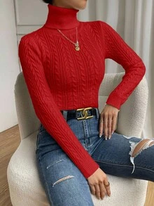 SHEIN LUNE 秋冬休闲纯色高领毛衣 - 紅色 - 查看 4