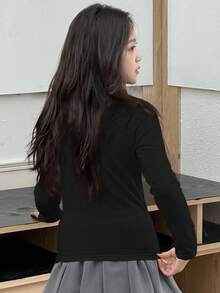 DAZY 青少年女孩高领保暖内衬修身 T 恤，适合秋季穿着 - 黑色 - 查看 5